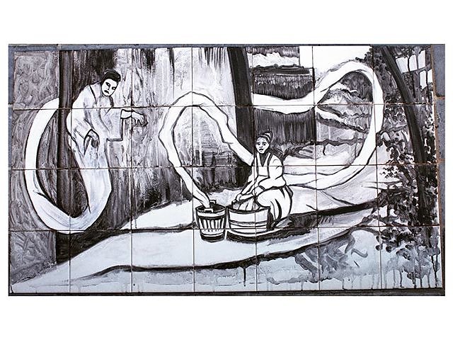 Tile mural of a Japanese washing ghost www.katrinashephard.com #raku #ceramics #tiles #japan #grafitti